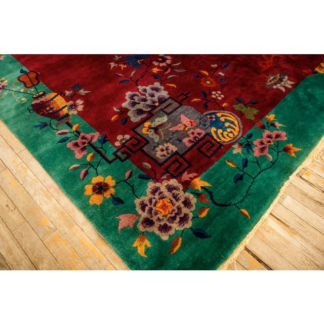 Red 1920s Antique Red Bold Open Field Floral Modern Knotted Wool Chinese Art Deco Rug For Sale - Image 8 of 11