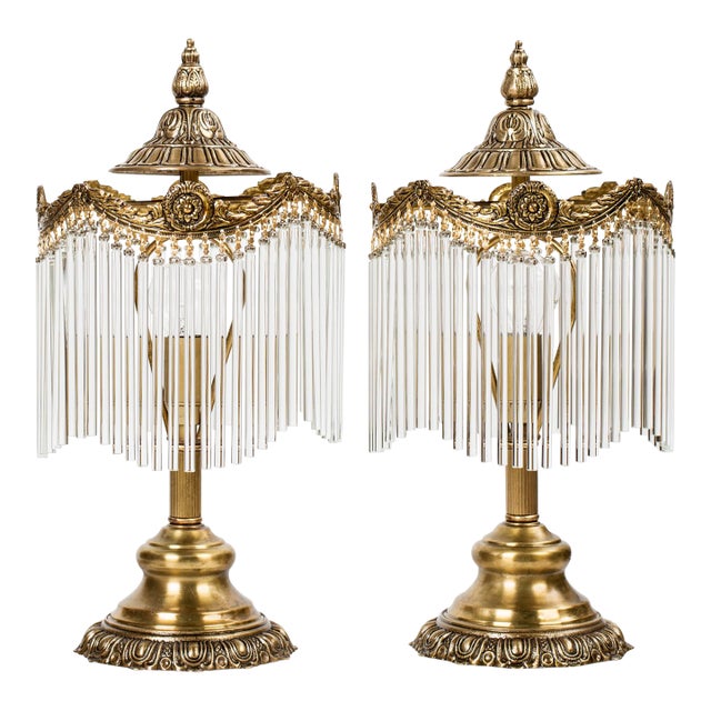 Vintage Spanish Brass & Glass Tube "Waterfall" Table Lamps – Expertly Restored - a Pair For Sale