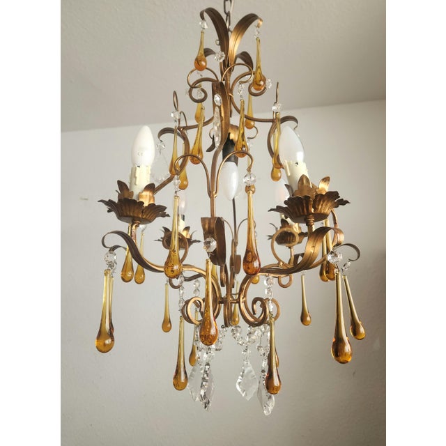 Gold Floral Five-Light Gilded Ceiling Lamp with Crystals and Murano Glass Crystal Drops, 1960s For Sale - Image 8 of 18