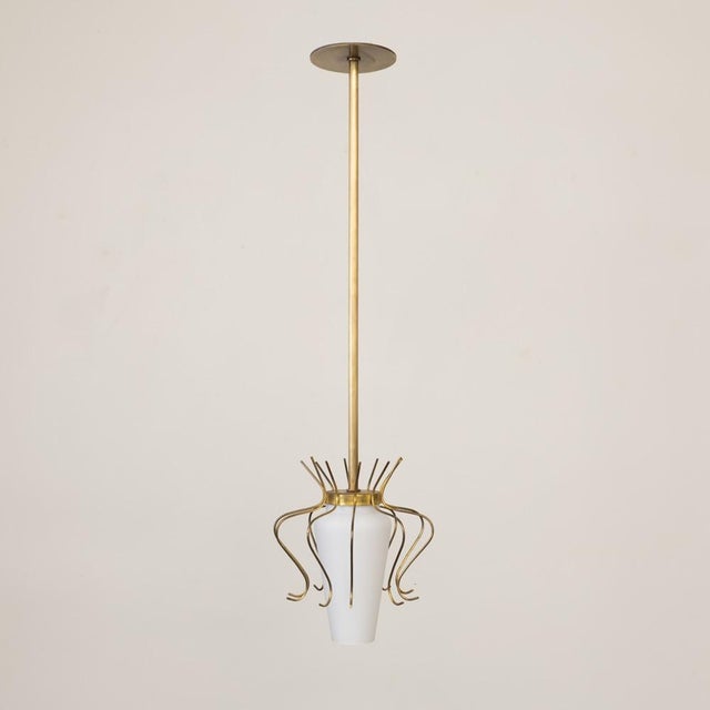 Italian 1950s Italian Brass and White Glass Pendant Light For Sale - Image 3 of 12