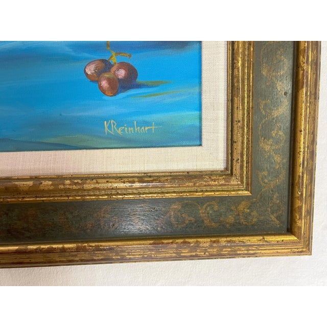 Blue Signed Original Oil Painting by Karen Reinhart (American, 1938-2023) Titled 'Tea Time' For Sale - Image 8 of 12