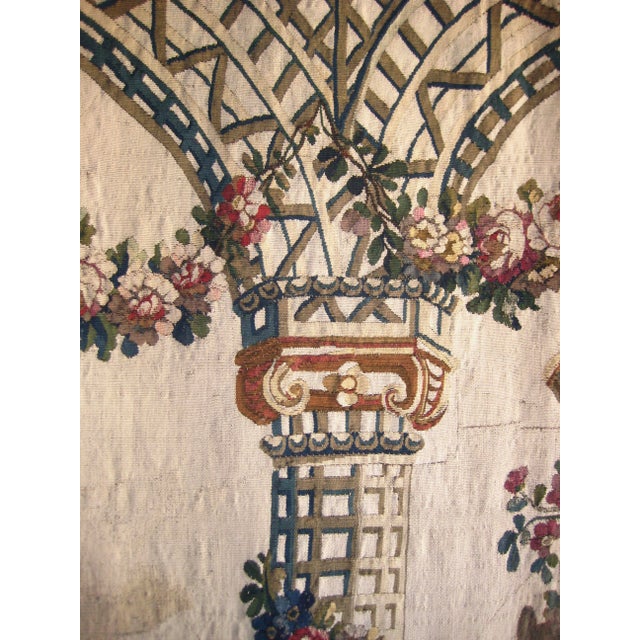 French Aubusson Verdure View of a Trellis Decor, Flowers and Putti Statue 1700 Hundreds For Sale - Image 6 of 17