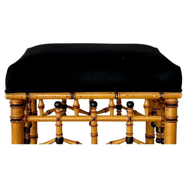 Faux Bamboo Accent Bench/Footstool With Black Upholstered Top For Sale - Image 4 of 10