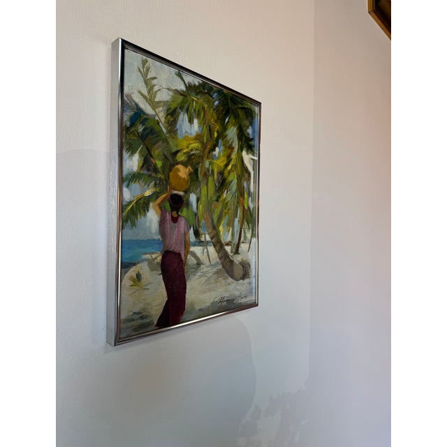 A beautiful 1980’s impressionist coastal landscape oil painting by Frances Ayers, depicting a serene tropical beach scene...