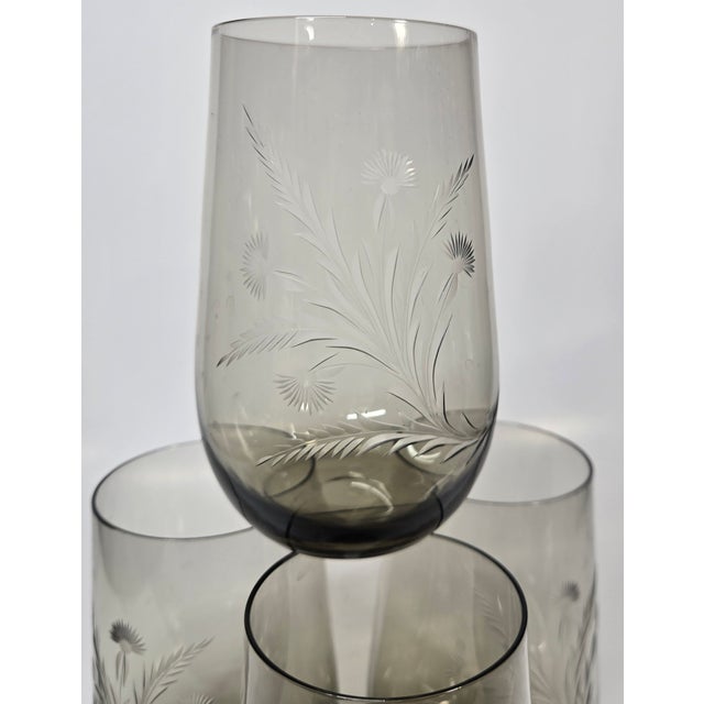 Glass Mid 20th Century Handcarved Dandelion Crystal Stemless Goblets- Set of Four For Sale - Image 7 of 13