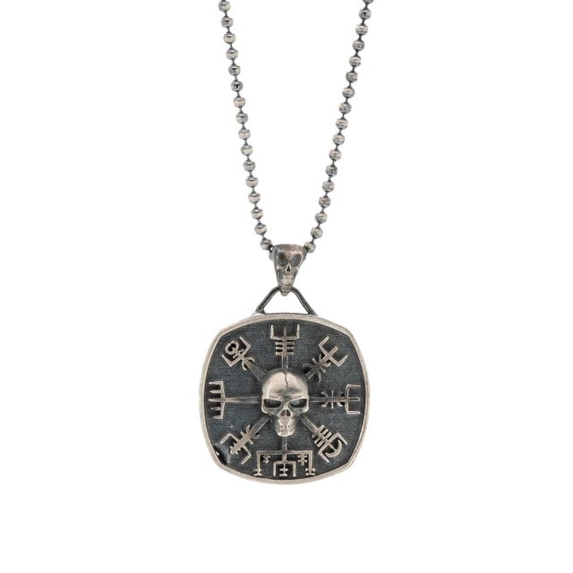 Norse Viking Vegvisir Protection Symbols & Skull Pendant Sterling Silver Necklace For Sale - Image 11 of 12