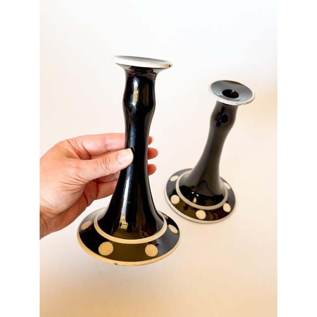 Antique Art Deco Style Noir Glass Candlestick Holders With White Polka Dots, a Pair For Sale - Image 4 of 11