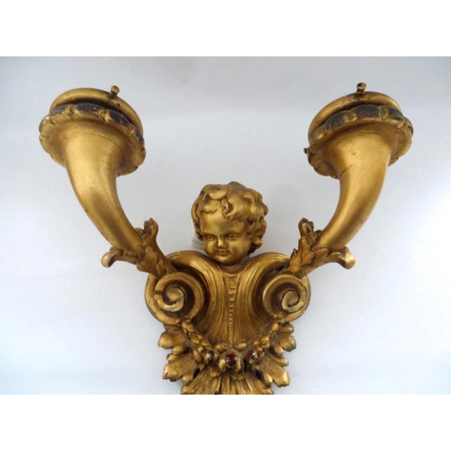 19thc French Louis XV Carved & Gilt Wood Putto/ Cherub Double Wall Sconces Electrified a - Pair For Sale - Image 4 of 13