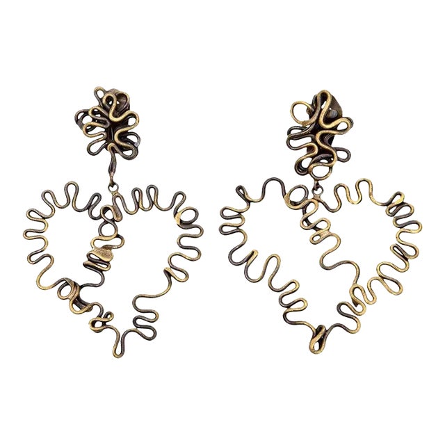 Vintage Hand Wrought Brass Sculptural Heart Shaped Clip on Dangle Earrings Pair Of For Sale