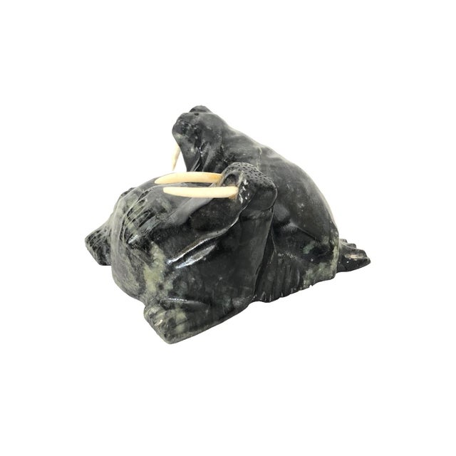 Folk Art 1980s Inuit Walrus Pair Hand Carved Folk Art Serpentine Signed William Luke For Sale - Image 3 of 10