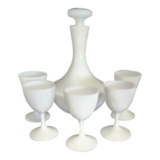 Antique White Opaline Bar Set, Decanter and Cordials - 6 pcs For Sale