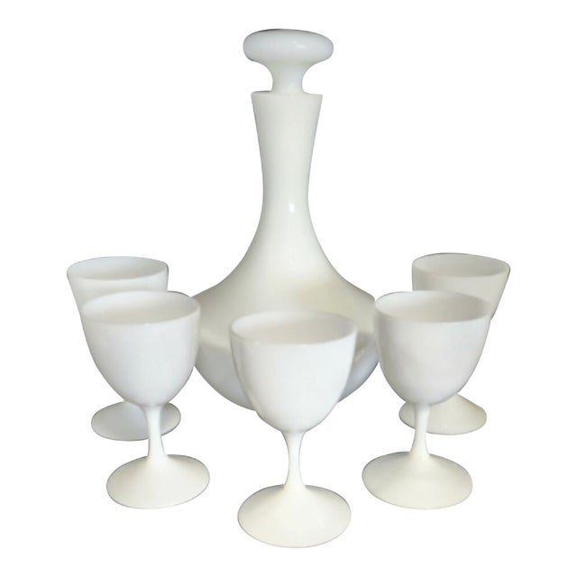 Antique White Opaline Bar Set, Decanter and Cordials - 6 pcs For Sale