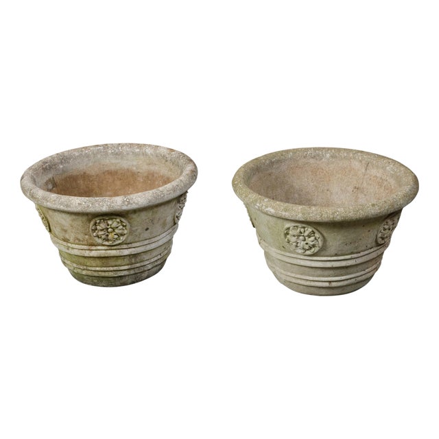 Vintage Pair of Mid-Century Cast Stone Planters with Rosette Motifs For Sale