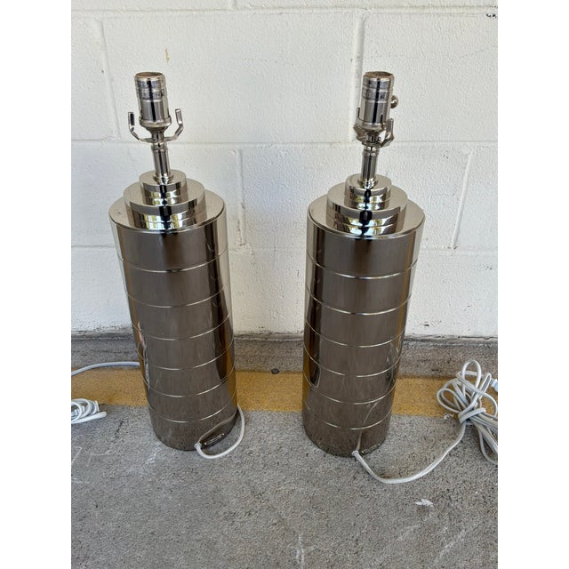 Ralph Lauren Ralph Lauren Modern Polished Nickel Lamps - Pair. For Sale - Image 4 of 4