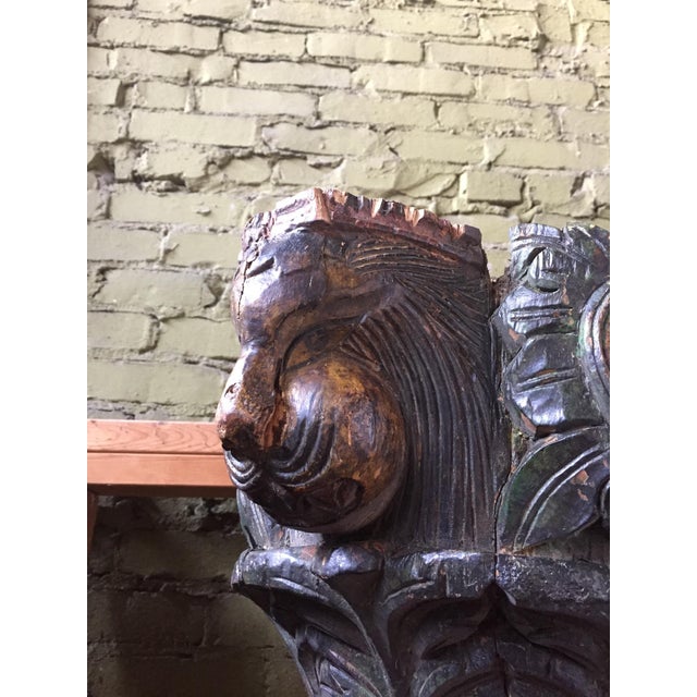 1930s Vintage Painted and Heavily Carved Teak Wood Columns With Lions - a Pair For Sale - Image 4 of 13