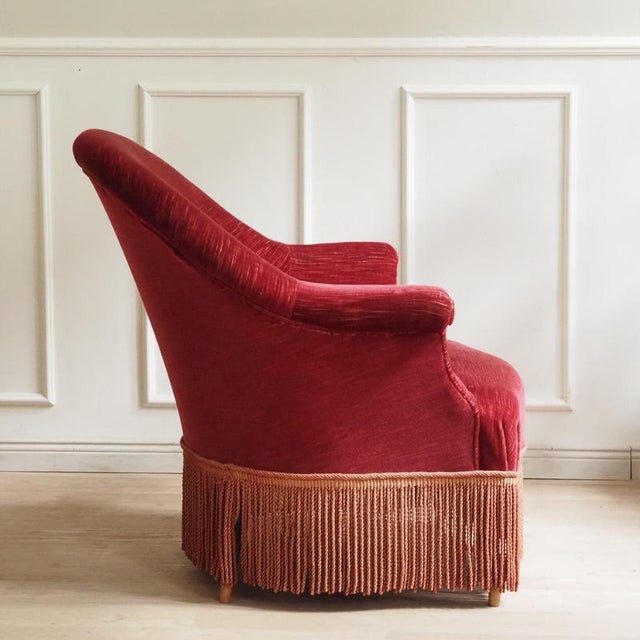 Textile Vintage French Burgundy Cocktail Chair with Fringed Apron For Sale - Image 7 of 10