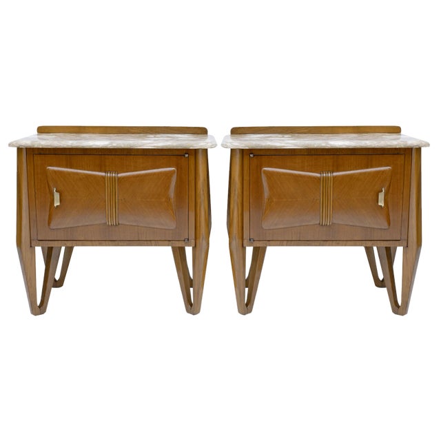 Mid-Century Modern Italian Walnut and Marble Nightstands, 1950s, Set of 2 For Sale