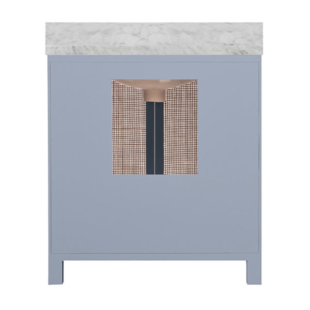 2020s Matthew Izzo Home Boyd Light Blue Matte Lacquer Single Porcelain Sink Bath Vanity With Carrara Marble Top & Backsplash, 2 Caned Doors, and Brass Knobs For Sale - Image 5 of 7