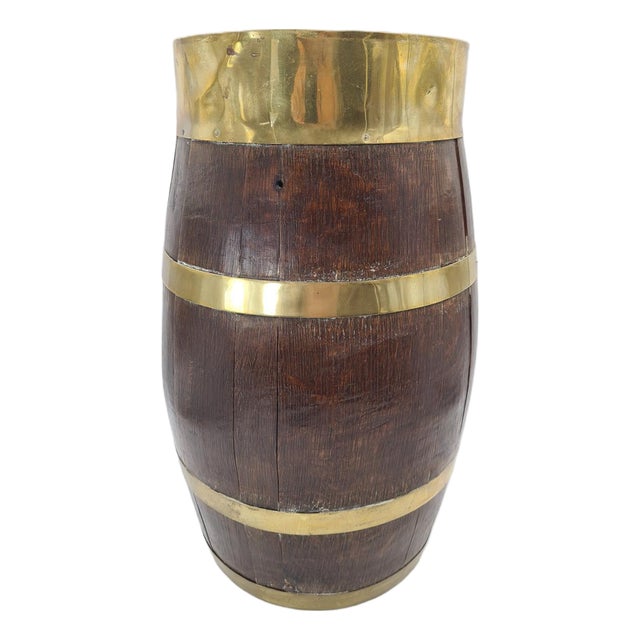 Decorative Wooden Barrel-Shaped Stand with Brass Hardware, 1970s For Sale