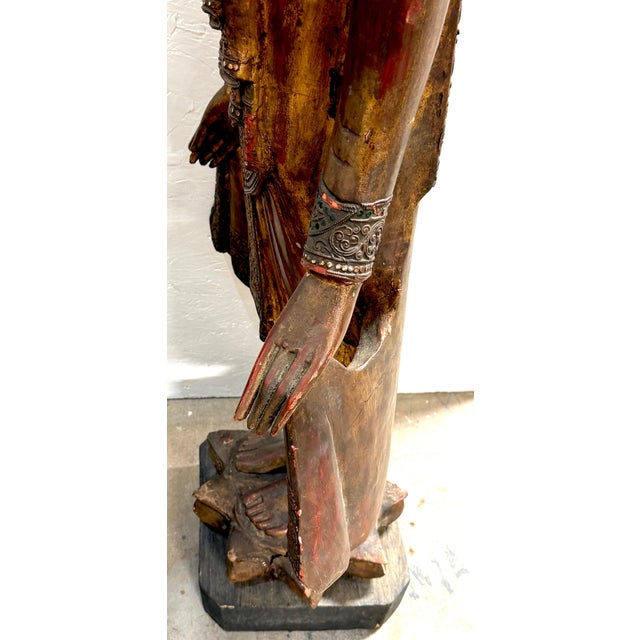 Monumental Giltwood Standing Buddha with Lotus Base, Burma, Late 19th Century For Sale - Image 9 of 18