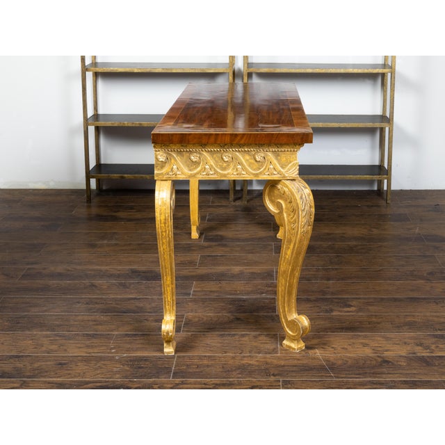 English English 1800s Giltwood Console Table with Mahogany Top and Vitruvian Scrolls For Sale - Image 3 of 12