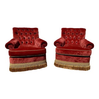 Custom Made Red Velvet Tufted Chairs With Tassel Trim - a Pair For Sale