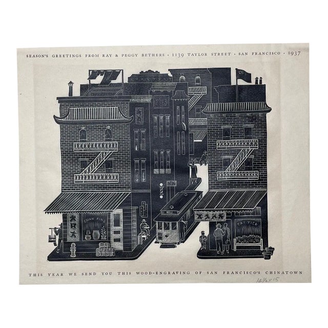 Original 1937 Ray Bethers 'san Francisco's Chinatown' Wood Engraving - Trolley For Sale