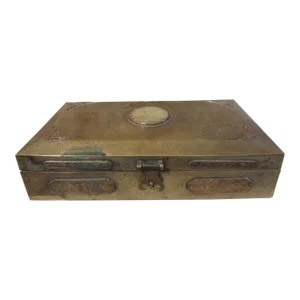 Antique Chinese Brass Decorative Box With Jade Medallion