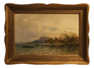 Alfred Metzener, Rowers on a Lake, 19th Century, Oil on Wood, Framed
