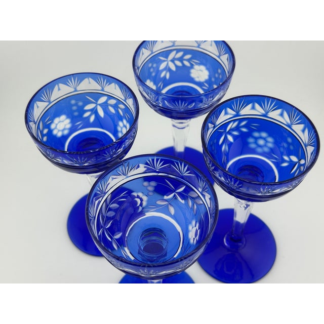1980s Cobalt Cut-to-Clear Bohemian Stemware | Set of 4 Tasting / Cordial Glasses For Sale In Boston - Image 6 of 6
