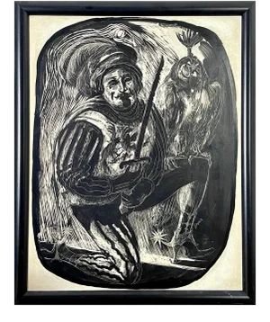 1970s "The Cavelier and the Owl" Oil Painting by Stephen Bagnell, Framed