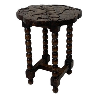 Mid-Century French Carved Oak Side Table with Lotus Motif, 1950s For Sale