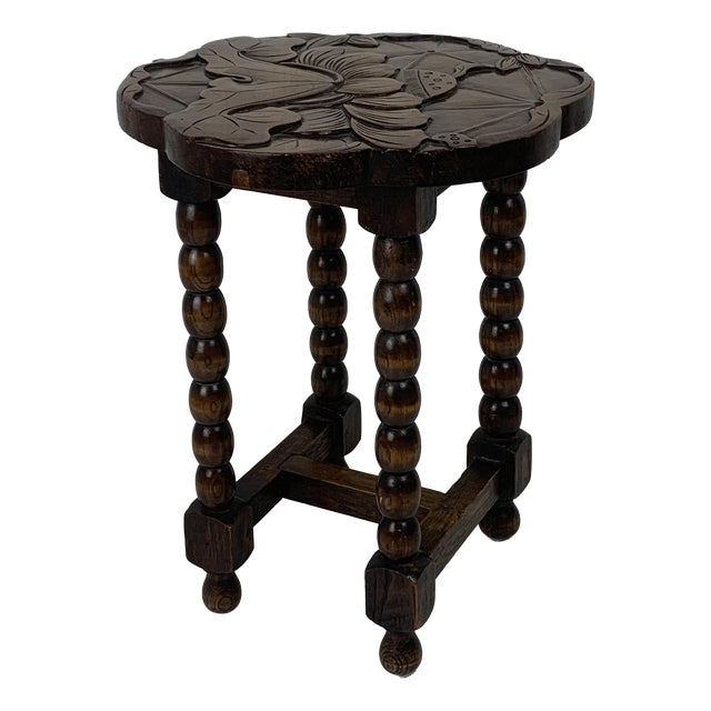 Mid-Century French Carved Oak Side Table with Lotus Motif, 1950s For Sale