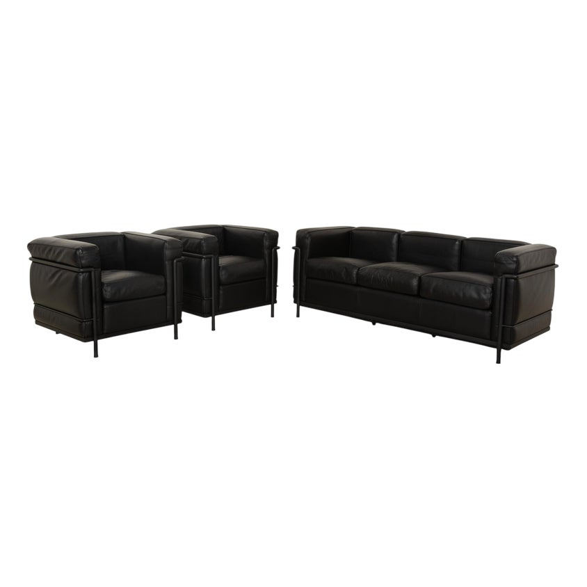 LC 2 3-Seater Sofa and Armchairs in Black Leather by Le Corbusier for ...