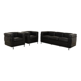 LC 2 3-Seater Sofa and Armchairs in Black Leather by Le Corbusier for Cassina, Set of 3 For Sale