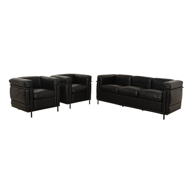 LC 2 3-Seater Sofa and Armchairs in Black Leather by Le Corbusier for Cassina, Set of 3 For Sale