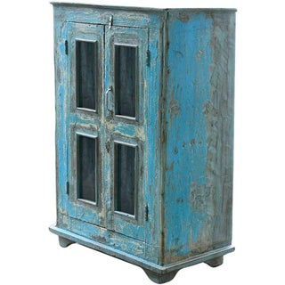 Vintage Rustic Regatta Blue Wood Display Cabinet For Sale