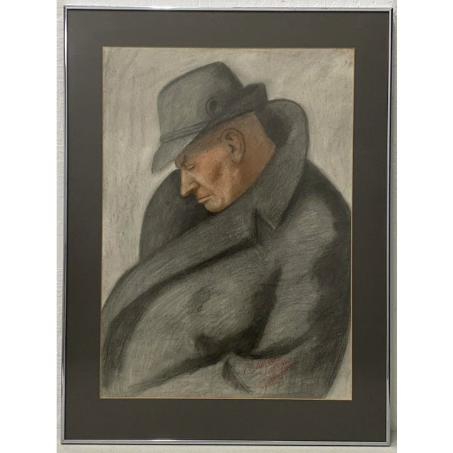 1940s Vintage Charcoal Portrait of a Sleeping Man in an Overcoat C.1940 For Sale - Image 5 of 5