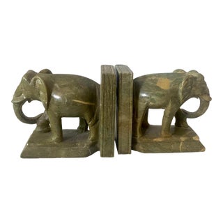 Vintage Green Marble Elephant Bookends- Set of 2 For Sale