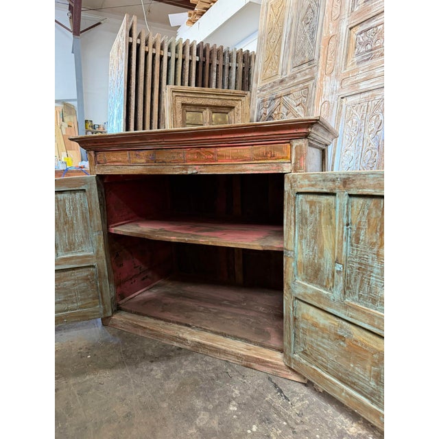 Antique Boho Vanity Hand-Carved Pink Sideboard Cabinet With Sunburst Doors For Sale - Image 4 of 8