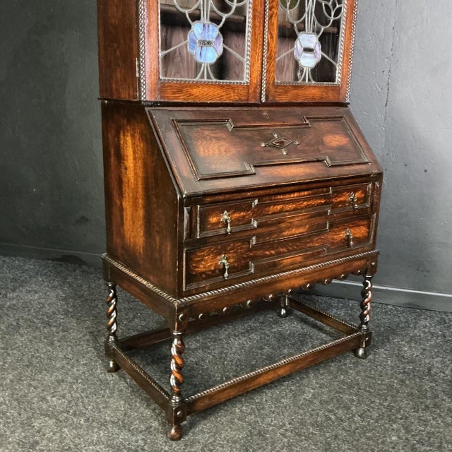 Antique Oak Jacobean Bureau Bookcase, 1925 For Sale - Image 3 of 8