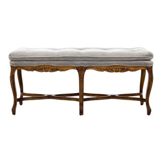 Louis XV Carved Walnut Bench With Gray Tufted Velvet Upholstery by Bernhardt For Sale
