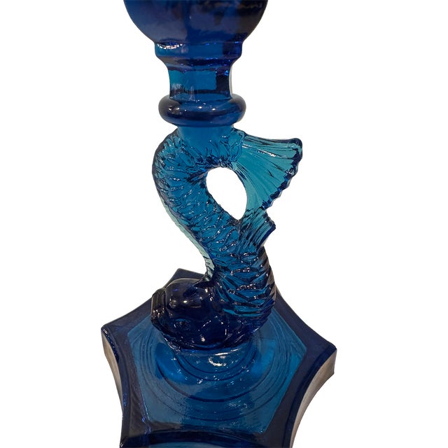 Mid-Century Modern Mid 20th Century l.e. Smith Cobalt Blue Glass Koi Candlestick For Sale - Image 3 of 9