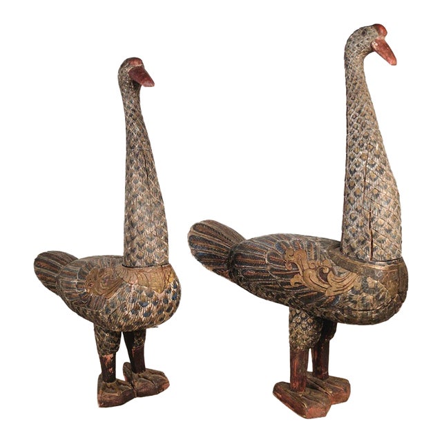 Pair of Thai Carved and Painted Wooden Geese, Circa 1900 For Sale