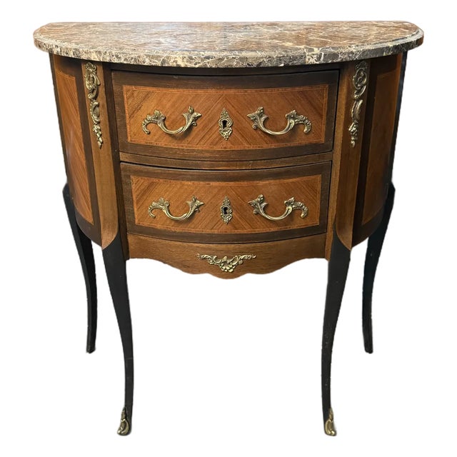 Early 20th Century French Louis XVI Grey Marble Top Demilune Chest For Sale