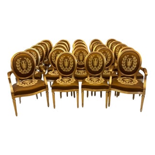 Large Vintage Louis XVI Style Giltwood Dining Chairs with Silk Damask Upholstery, 1940, Set of 42 For Sale