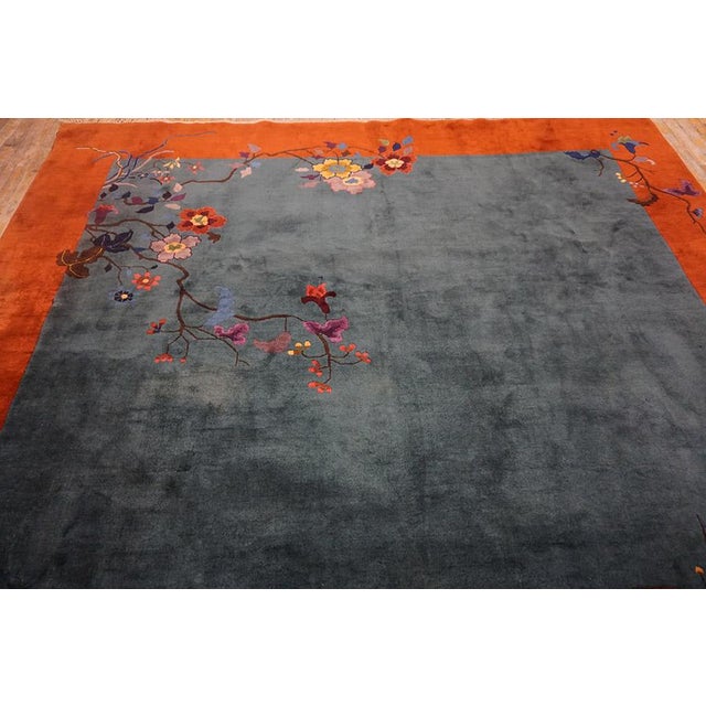 Exceptional Army Green Color Ground With Bits of Chinese Ornament Floral Design Antique Chinese Art Deco Rug For Sale In New York - Image 6 of 15