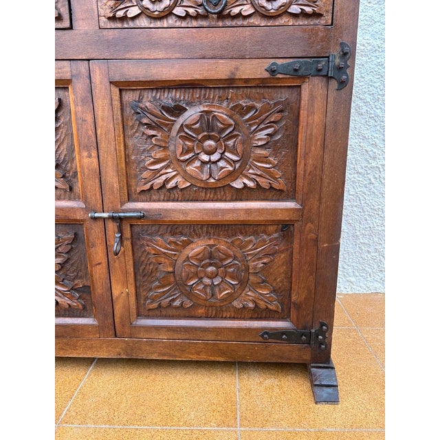 Spanish Rustic Castilian Carved Wood Cabinet, 1930s For Sale - Image 13 of 18