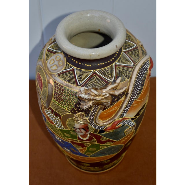 Vintage Japanese Satsuma Moriage Vase Kannon Goddess & Rakan Dragon For Sale - Image 13 of 14