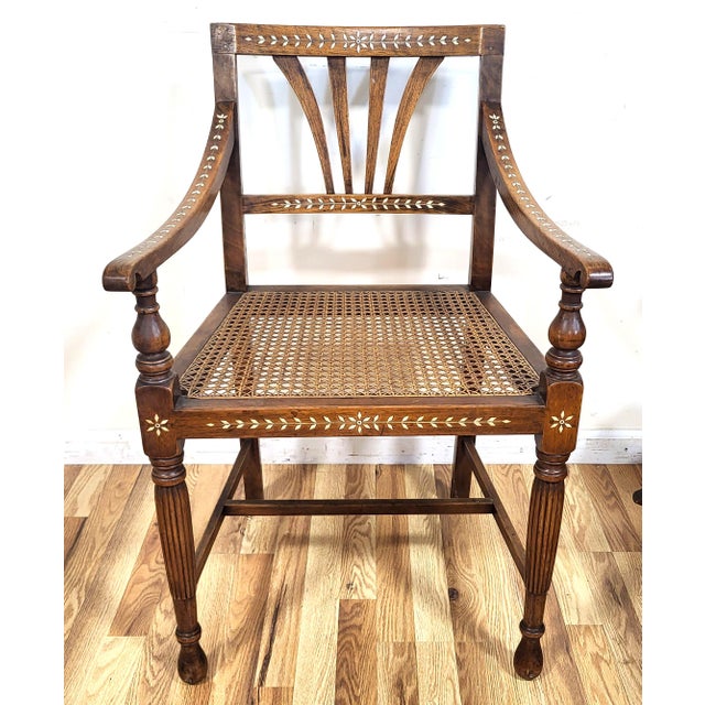 Antique English Anglo - Indian Carved & Inlaid Caned Seat Desk Armchair For Sale - Image 4 of 18